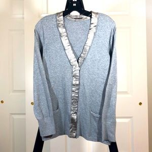 Gray Long Cardigan With Satin Trim